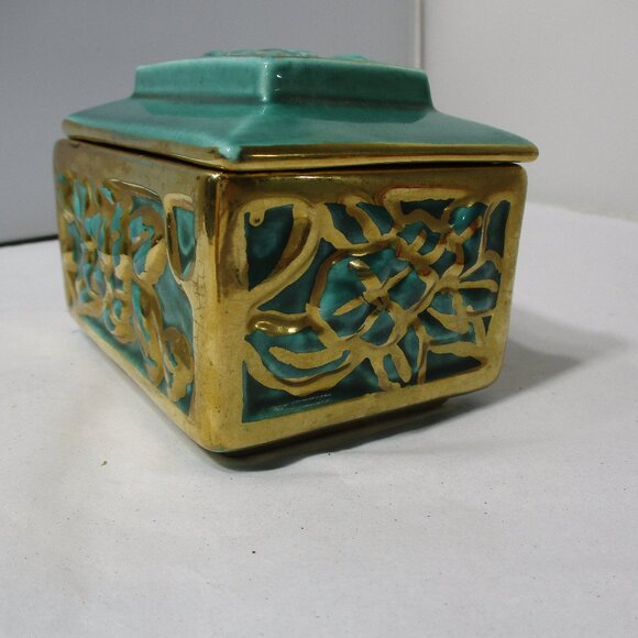 Pretty Vintage Green & Gold Lidded Ceramic Scraffito Design Box - Picture 5 of 9